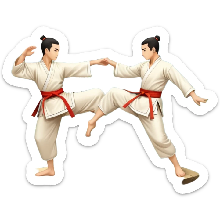 Two martial artists in traditional Wushu attire, performing elegant, fluid moves. The background shows a peaceful, scenic landscape with mountains and bamboo trees, symbolizing the balance of power and grace in Wushu.  sticker