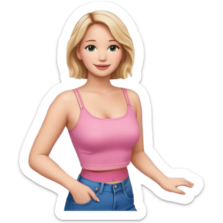 jennifer lawrence, pink crop top, and blue jeans, leaning on a balcony with a harbor and cityscape in the background, smiling sticker