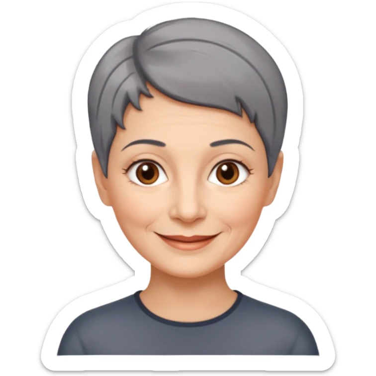 woman 60 years old, shaved short uncombed dark grey hair, brown eyes smile sticker