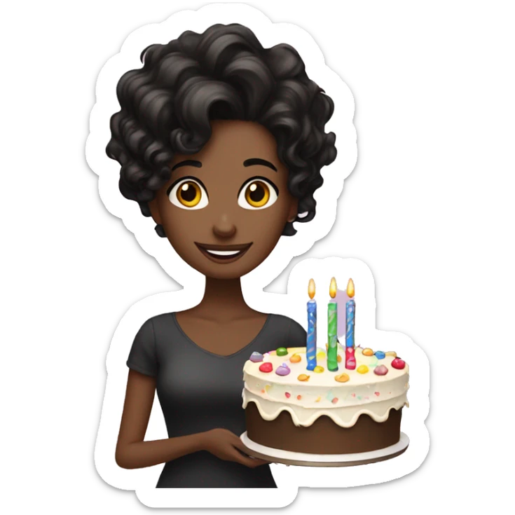 Beautiful black wavy hair Girl holding birthday cake  sticker