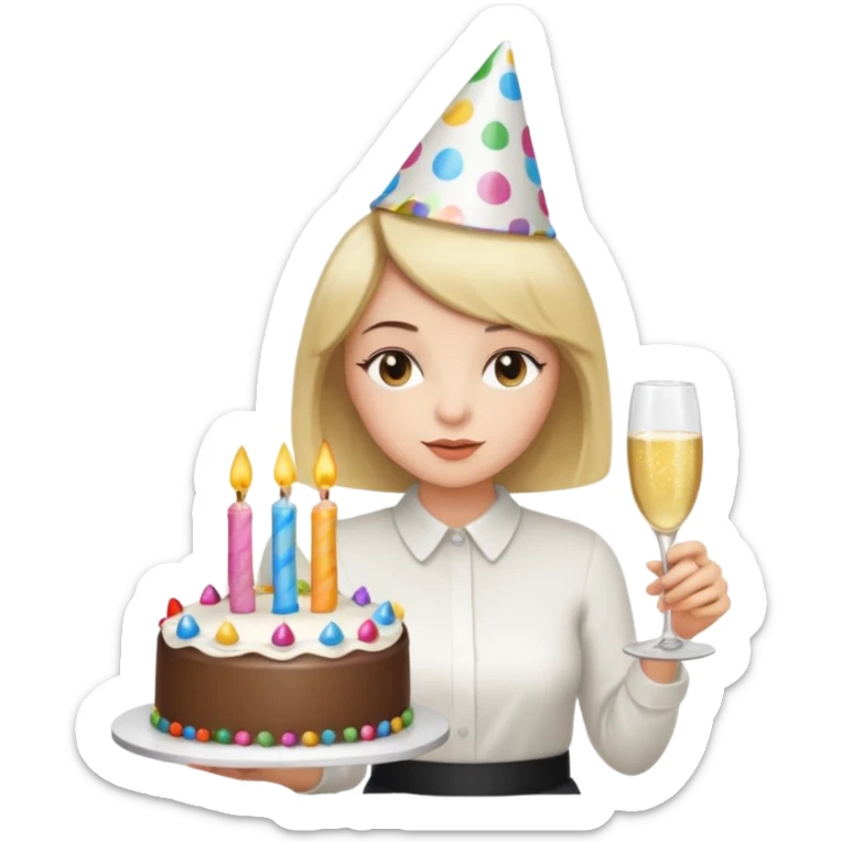 una festa di compleanno con una camicia bianca UNA ragazza con il caschetto e una torta e un cappellino  sticker