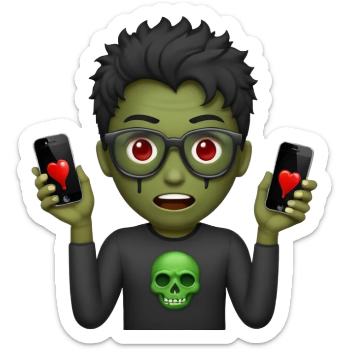 Crie um zumbi com sangue estilo emoji do iPhone com cabelo ondulado grande preto com camiseta preta e óculos de grau preto sticker