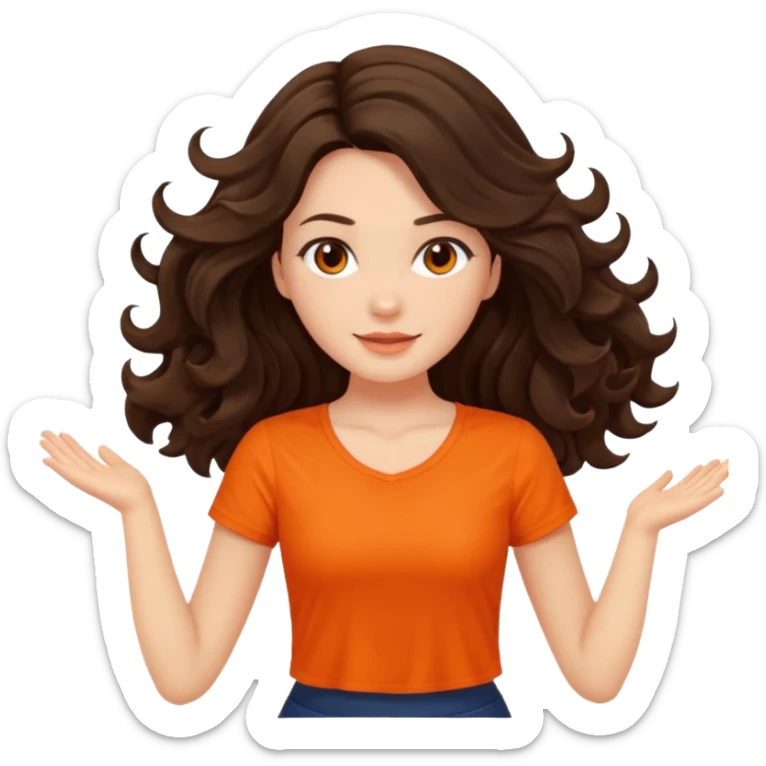 Long dark wavy hair women in orange top twirling around sticker