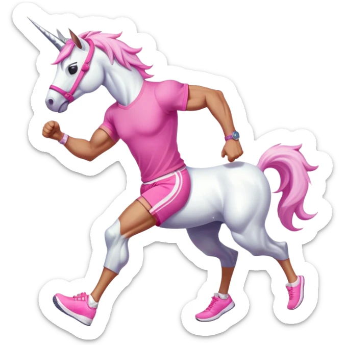 full body friendly anthropomorphised masculine unicorn with white horse-like face, muscular build, wearing pink t-shirt, shorts, trainers, dark sunglasses, running sticker