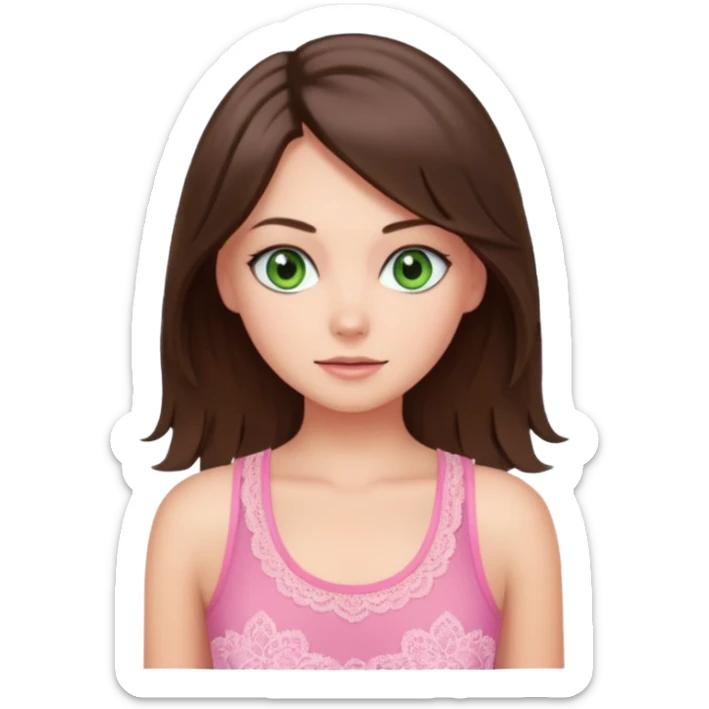 super long haired brunette with middle part cute pink lacy tank white but tan green eyes hairflip sticker