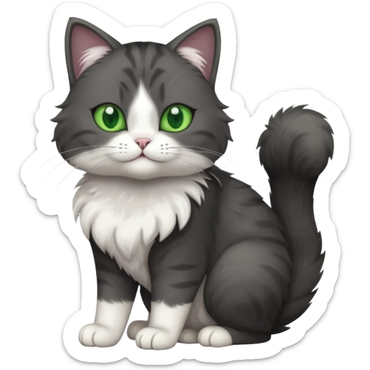 full body view of beautiful female solid dark grey cat with green eyes, white toes and white patch on chest sticker