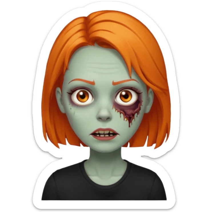 Faça uma zumbi feminina com cabelos médios e laranja, deve estar vestindo uma camisa preta e ter seus olhos castanhos escuro, não esqueça de colocar a sombrancelha da cor do cabelo  sticker