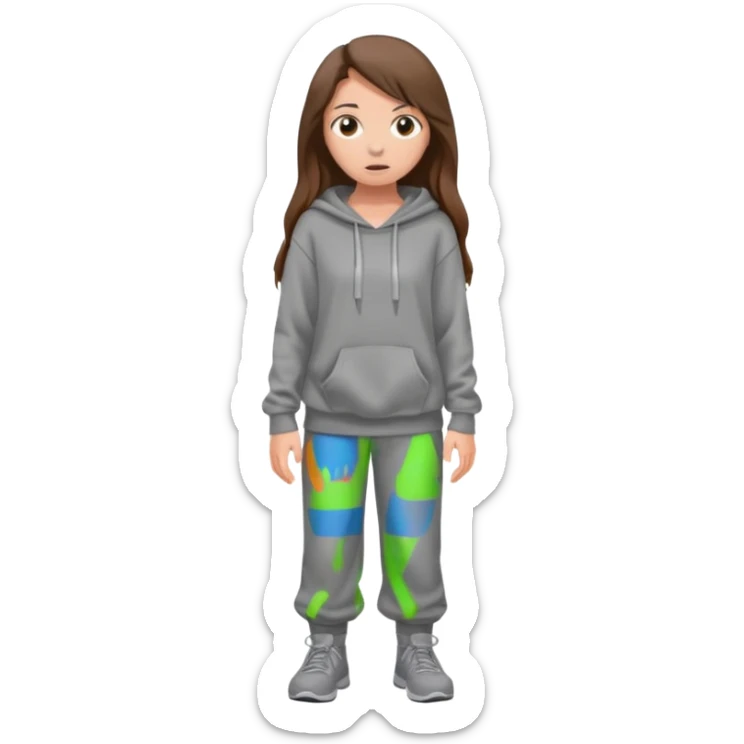 Chica grande  asustada de cuerpo completo mirado a la izquierda con pelo castaño largo  pantalones baggy  grises y hoodie gris  sticker