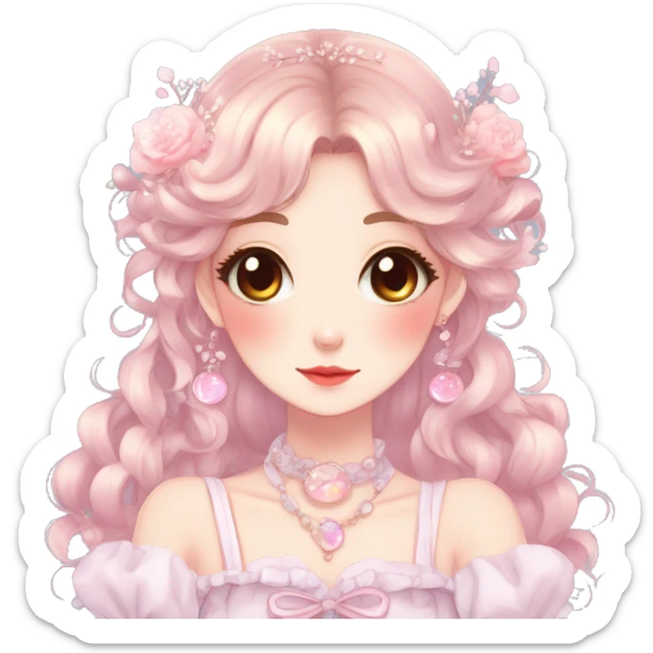 Gorgeous anime style lady with blushing face and accessories cottagecore fairycore Kawaii anime colorful pearly romantic aesthetic trending style sticker