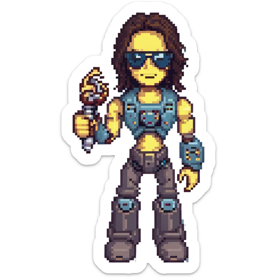 Johnny Silverhand, cyberpunk rockstar with a robotic arm, sunglasses, and a rebellious attitude, pixel art style sticker