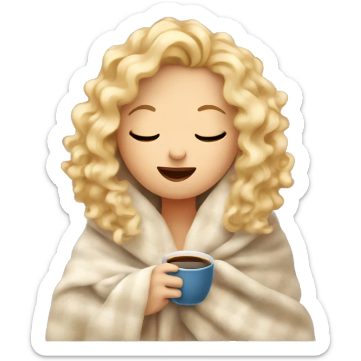 Blonde  hair curly girl inside a blanket sipping coffee eyes closed sticker