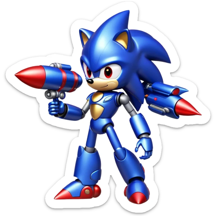 Metal Sonic robot hedgehog with red eyes, metallic blue body, and jet boosters sticker