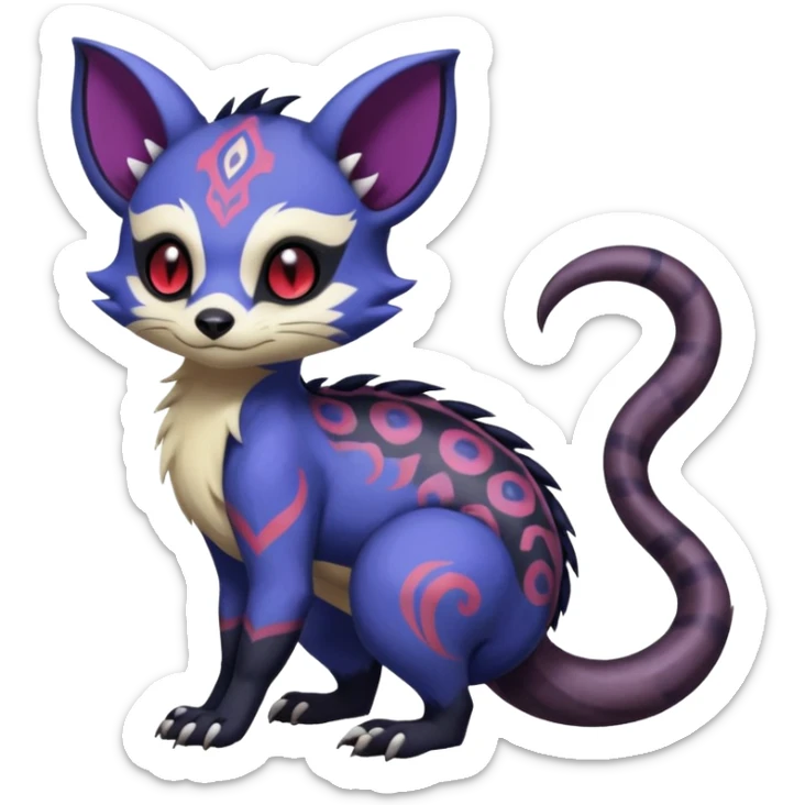 Rare warm-colored exotic gloomy tropical edgy cute epic aesthetic spooky indigo purple white black red gothic colorful Salandit-Furret-Espurr-Meowstic-Civet-species-Fakemon-hybrid-creature, with tribal tattoo markings, full body sticker