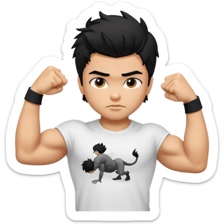 generate a pretty tan bratz boy with black messy hair flexing his biceps. wearing white tshirt sticker
