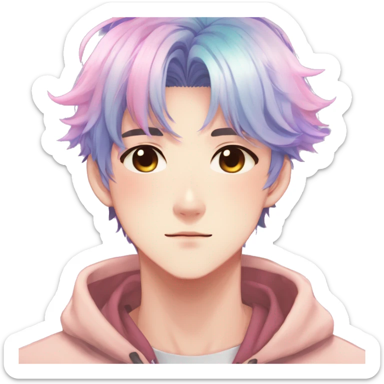 Gorgeous anime style shojo dude with blushing face aesthetic and pretty colorful shiny gradient pastel hair trending style sticker