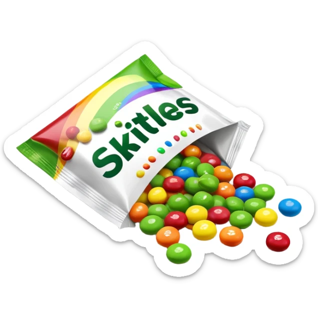 A Skittles candy package opened from the top with green candies spilling out. Minimalist design with rainbow packaging. sticker