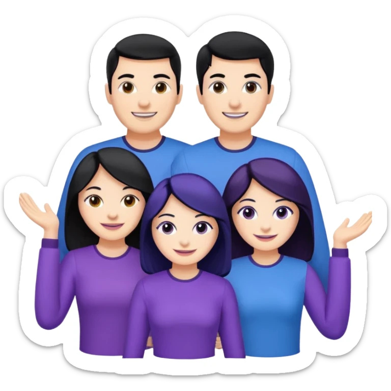 4people 2 men and 2 women. with black hair and white skin. ready to create a team. with blue and purple clothes sticker
