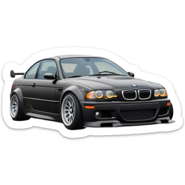 
A BMW M3 E46 is drifting through a corner, with a slight wisp of smoke coming from the rear and the wheels positioned at an angle relative to the turn.Road can see clearly  sticker