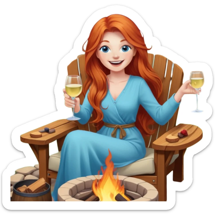 Laughing redhead with long hair and blue eyes holding white wine sitting in chair beside fire pit in backyard sticker