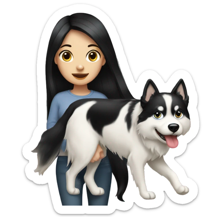 Long black hair pale girl walking husky dog sticker
