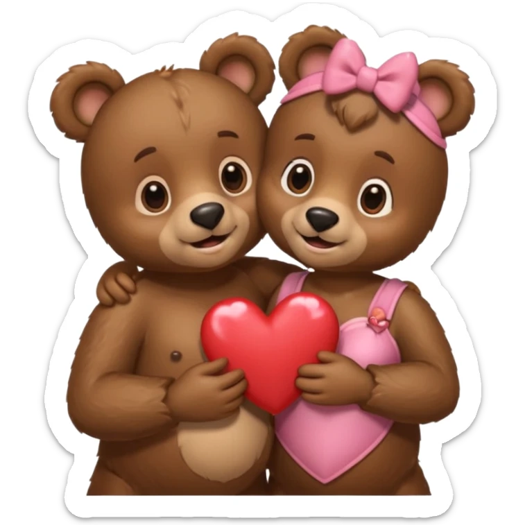female bear with bow on her head and male bear hugging, couple, surrounded by hearts, playful and loving, cute, same height  sticker