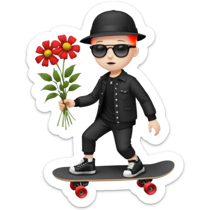 ["A sad boy with pale skin, bald, wearing a sunhat and sunglasses, dressed in goth fashion, is skateboarding while holding a flower bouquet."] sticker
