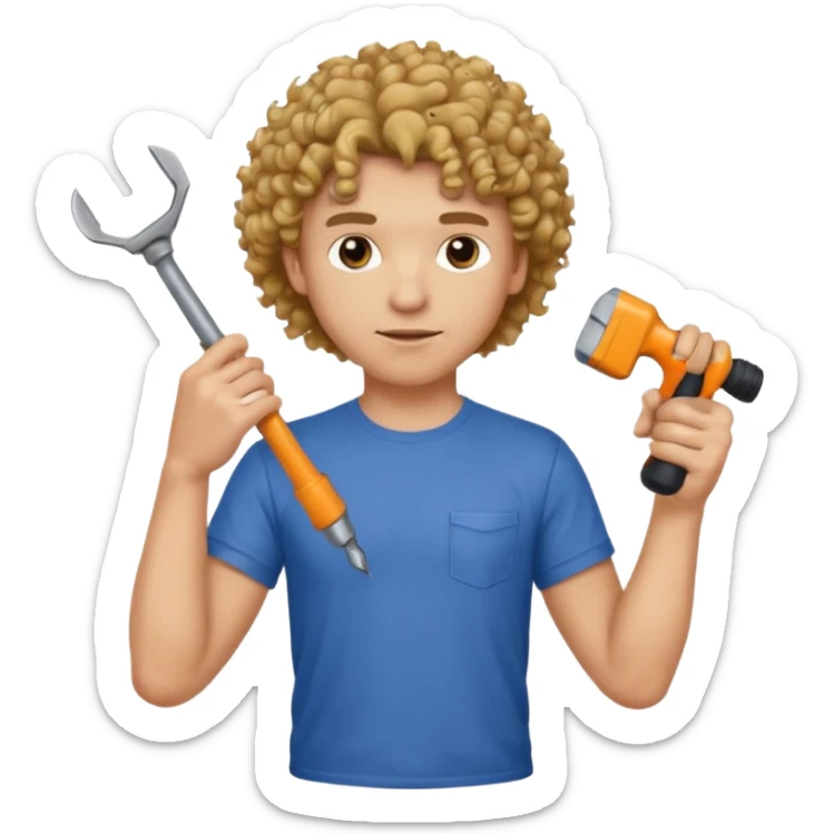 a guy who looks very handsome, has curly hair,  wears a tee shirt and holds a screwdriver in one hand and a  hammer in the other sticker