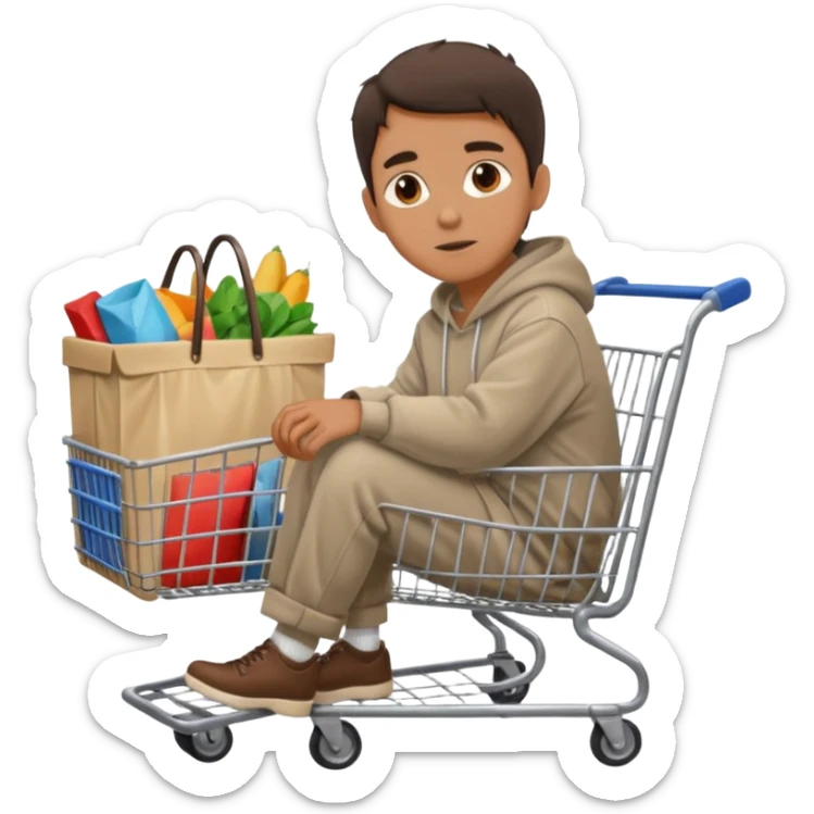A man in oversized second-hand clothes, sitting beside a shopping cart of items, looking around with soft hopeful eyes.
 sticker