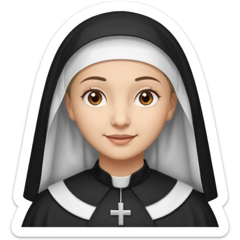 A light-skinned woman with brown eyes and a calm smile, wearing a black and white nun’s habit. sticker