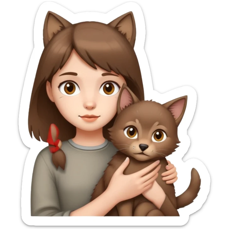 innocent girl and she has brown wolf cut hair, she holds cat sticker