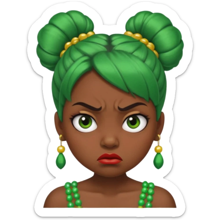 Create a 3D cartoon-style girl character with dark skin, round face, angry expression, big wide eyes, and tightly styled double buns made of green beaded hair. The girl should look irritated, eyebrows sharply angled, and lips pressed in a frown. sticker