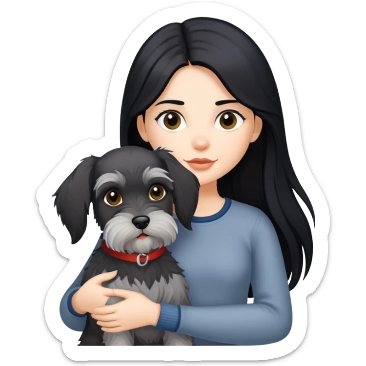 girl with long black hair holding a Schnauzer dog sticker