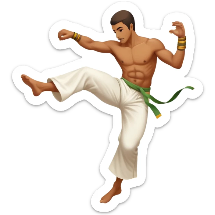 A Brazilian man as a capoeira fighter in mid-air performing a spinning kick, with Brazilian features, tan skin tone, wearing traditional white capoeira pants and a cord, vibrant and flowing pose, surrounded by motion swirls sticker