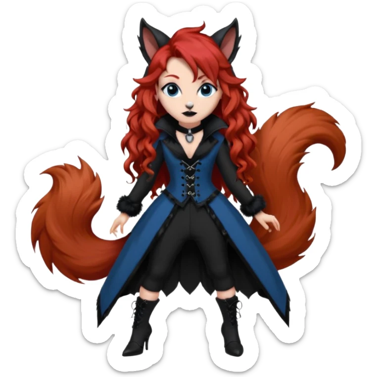  long curly red hair (darker), red pointed ears with black trim, black goth outfits, body and face human, blue eyes, more pointy chin, black lipstick, big fluffy red squirrel tail with black tips, like the attached photo with more outfits and poses,  sticker