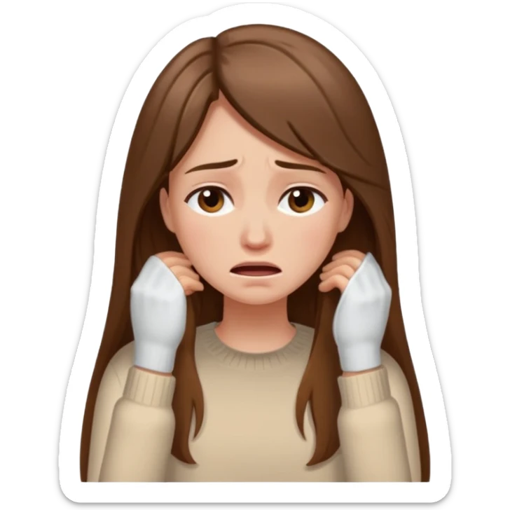 Woman with long brown hair crying, light beige sweater sticker