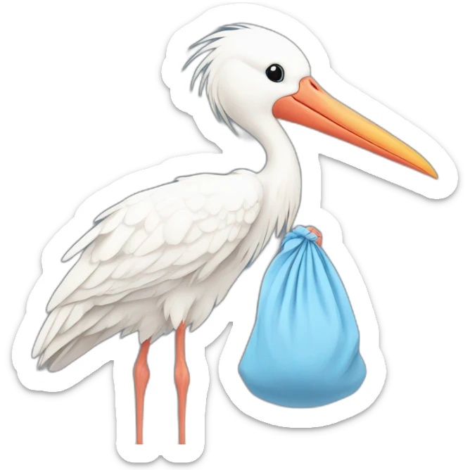 White stork carrying a blue bundle of cloth in its beak that has a human baby with and the human baby head is peeking from the fabric bundle the strok is carrying with its beak sticker