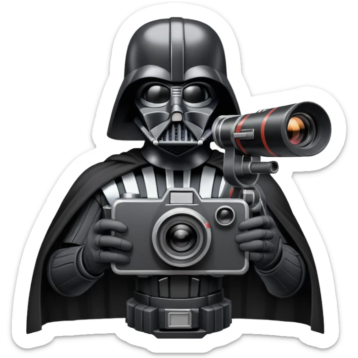A cel-shaded illustration in the style of Borderlands, featuring Darth Vader holding a retro film camera instead of a lightsaber. Use bright, high contrast and bold outlines. No background, transparent. sticker