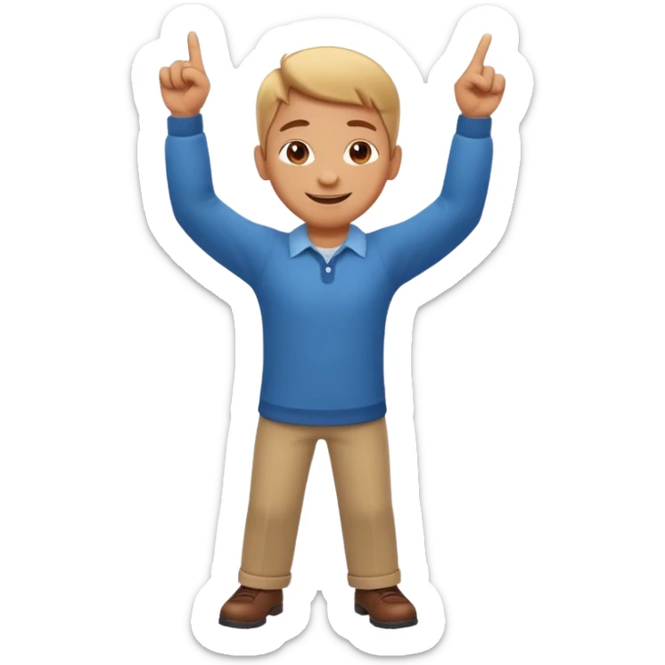 emoji of a cheerful cartoon person pointing down at the ground with both hands — standing straight, smiling confidently, arms bent and both index fingers extended downward — simple background, bright lighting, clean expressive Apple emoji design, playful and clear “here” meaning sticker
