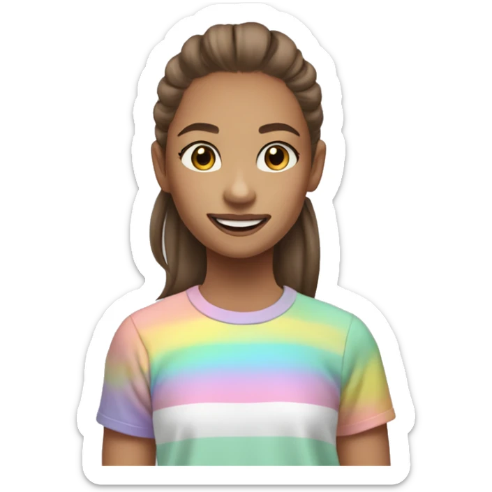 Teen girl with mint colored braces brown medium length hair in a ponytail and a pastel rainbow t shirt sticker
