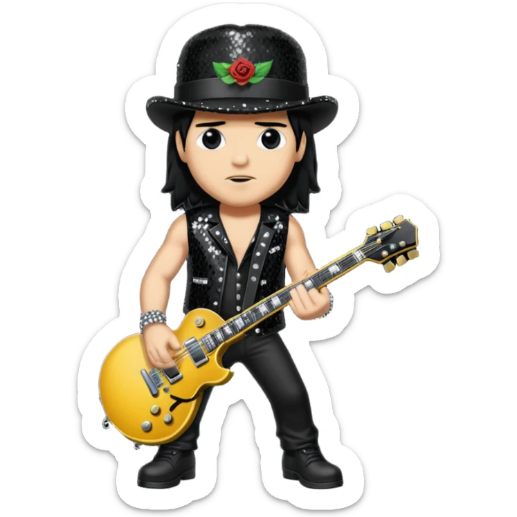 Slash from Gun n Roses with long jet black hair, black sequin outfit sticker