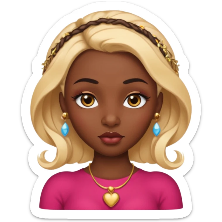 darkskin female with eyebrows that are naturally shaped and frame eyes well, eyes that are almond-shaped with defined lashes. nd lips are full with a defined cupid’s bow, add also a septum piercing that adds an edgy, stylish flair. a middle-part, honey blonde bust-down with laid baby hairs sticker
