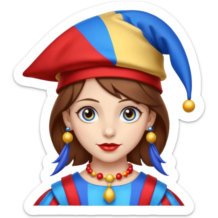 a girl A classic two-armed jester's hat with red and blue stripes, a yellow brim, and small yellow bells on the tips. brown hair blue and red eye's

 sticker