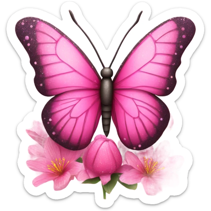 Large beautiful pink butterfly sitting on top of a spring time flower with glitter  sticker
