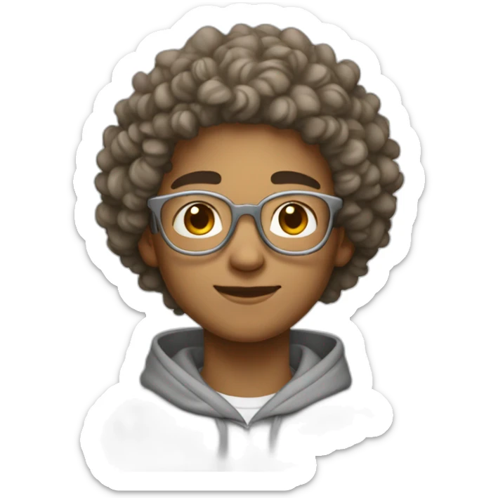 Young guy with curly hair on top with a fade in light brown color and rounded silver glasses with a grey hoodie on sticker
