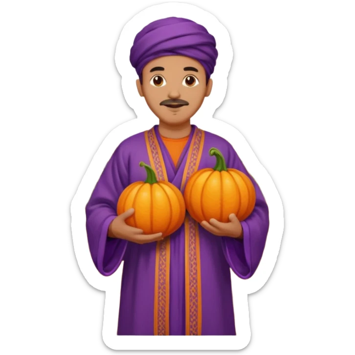 Tan Moroccan man sitting holding with pumpkin and purple grapes in countryside  sticker