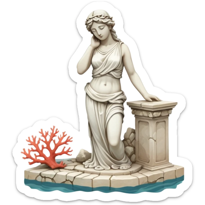 sunken white female greek statue, broken, include water and coral in the sea sticker
