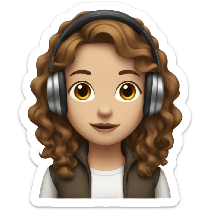 White skin, brown mid-length wavy haired girl with headphones  sticker