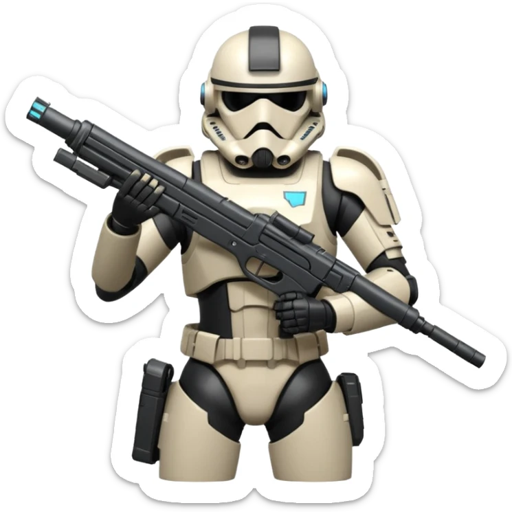 A joking DARK Trooper from Star Citizen, a skifi space Game. With a futuristic gun sticking to His back sticker