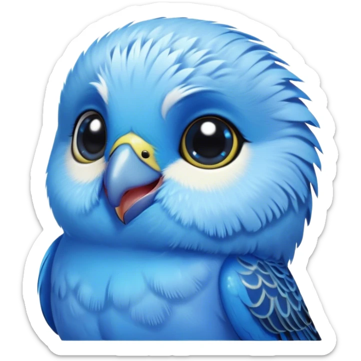 Cinematic Cute Blue Budgie Portrait Emoji, Head tilted playfully and inquisitively, featuring a brilliant blue feathered fur with a natural sheen, round, sparkling dark eyes filled with curiosity, Simplified yet irresistibly adorable features, highly detailed, glowing with a warm, friendly glow, high shine, affectionate and lively, stylized with a touch of whimsy, bright and endearing, soft glowing outline, capturing the essence of a mischievous yet loving budgie, so playful it feels like it could chirp out of the screen and into your arms! sticker
