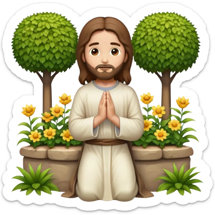 Jesus kneeling to pray in a garden, emoji style, gentle expression sticker